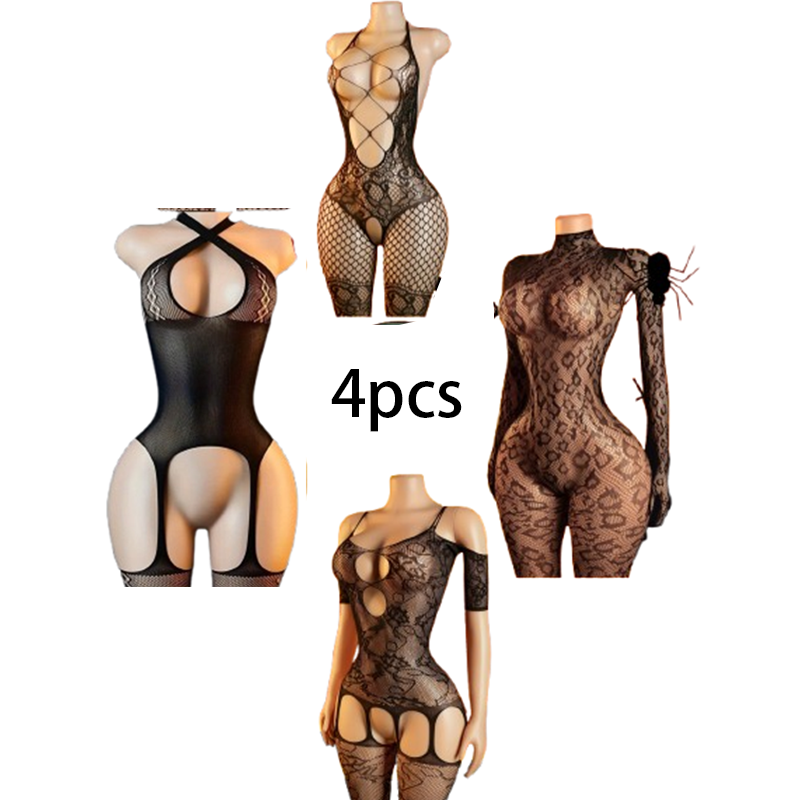 Bodystocking Fishnet - 4-delige sexy lingerie set: dames mesh